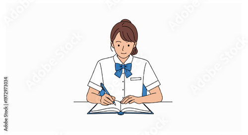 A schoolgirl in a white uniform sitting at a desk writing in a book.