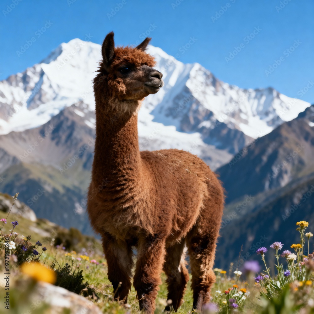 Naklejka premium 설산배경의알파카초원풍경