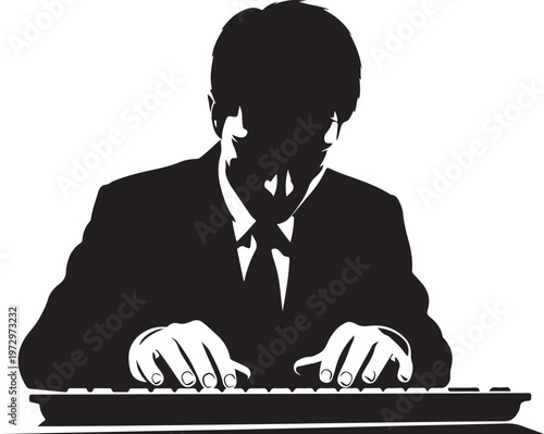 Black silhouette of man in suit typing on keyboard