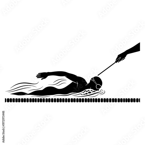 Blind Swimmer Being Tapped with Tapper Pole at Turn Adaptive Aquatics Vector Silhouette