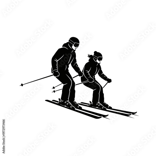 Blind Skier with Guide Skiing in Front Adaptive Winter Sports Navigation Vector Silhouette