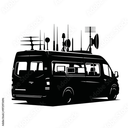 Commercial Drone Command Vehicle Van with Roof Antennas Mobile Operation Vector Silhouette