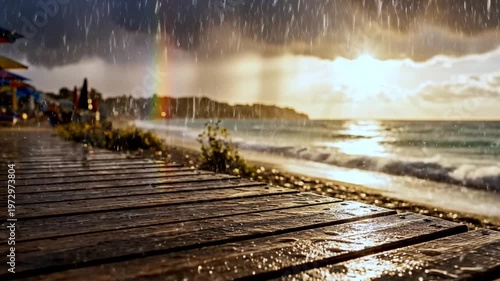 A wooden boardwalk along a rainy beach with a vibrant rainbow in the background