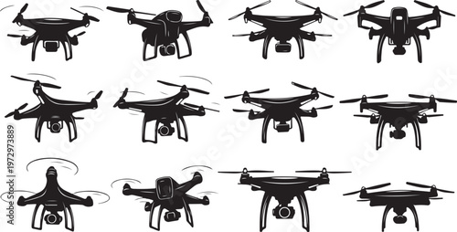Collection of various drone silhouettes in flight modes