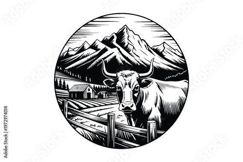 Black and white circular of a bull with long horns standing near a wooden fence in a mountainous landscape