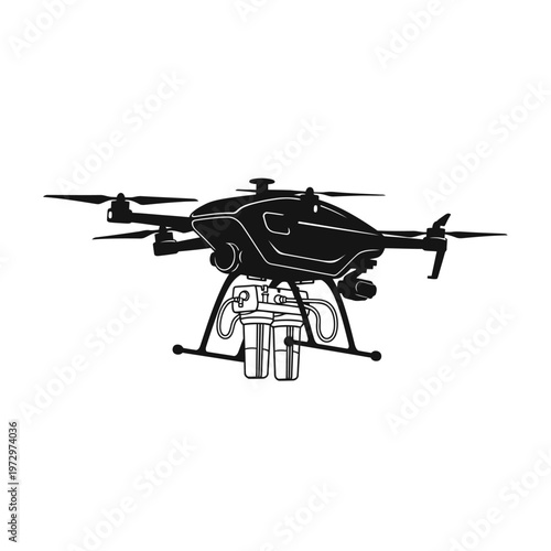 Disaster Relief Drone Carrying Compact Water Filtration Kit Emergency Vector Silhouette