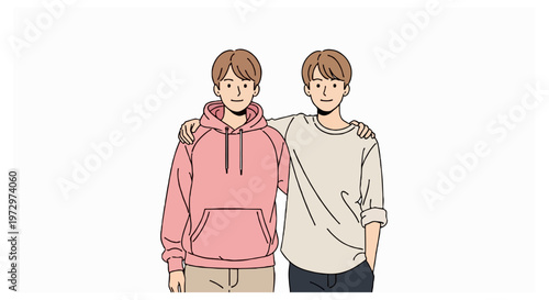 Two young men in a pink hoodie and beige sweatshirt stand together with arms around each others shoulders in a minimalist line art illustration.