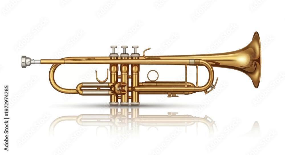 Obraz premium Realistic vector illustration of a polished gold brass trumpet musical instrument shown in side profile, isolated on white background with reflection, including mouthpiece and valves.