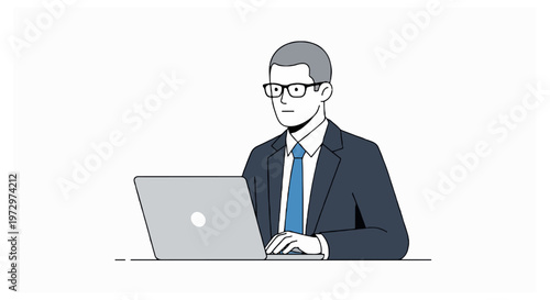 A professional man with grey hair and glasses wearing a suit and tie sits and types on a laptop computer against a plain white background.