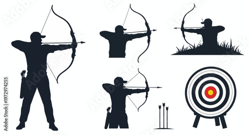 Vector set featuring black archer silhouettes in different poses aiming bows and arrows, including full-body and waist-up figures, a circular target, and quiver with arrows.