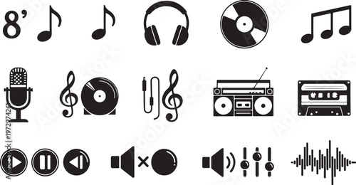 Music icons and symbols in black and white