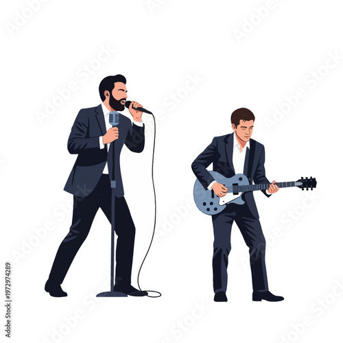 Vector illustration of two men in formal dark suits performing music; one bearded singer with a microphone and stand, and one guitarist playing a light blue electric guitar on white.
