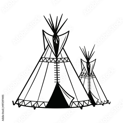 Black and white vector illustration of two traditional Native American teepees featuring geometric patterns and wooden poles. Minimalist line art depicting indigenous tribal shelters.