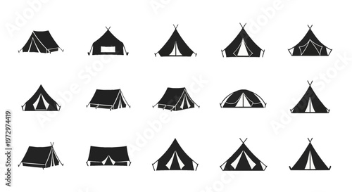Collection of fifteen black silhouette camping tent icons including various styles like teepee, ridge, and dome tents isolated on a white background for outdoor travel and tourism.