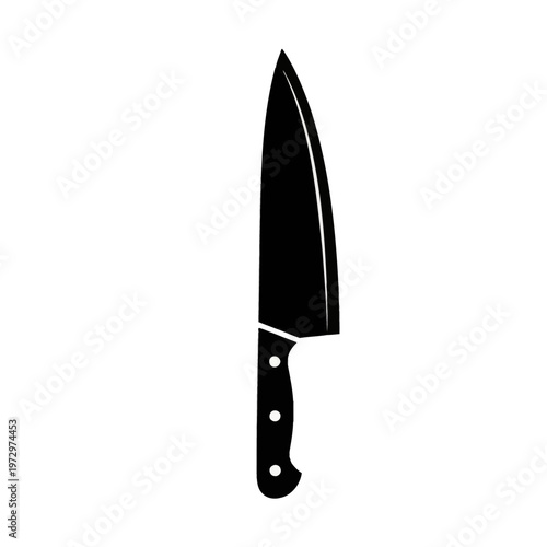 Black silhouette of a professional chef's knife featuring a wide curved blade, sharp pointed tip, and ergonomic handle with three rivets, isolated on a white background for culinary.