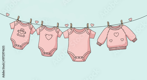 Pink baby girl clothing including three short-sleeved bodysuits and one long-sleeved sweater hanging on a clothesline with wooden pegs and heart icons on a light blue backdrop.