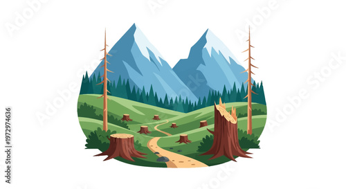 Vector illustration of deforestation in a mountain valley showing tree stumps, a winding dirt path, green hills, pine forests, and snow-capped peaks on a white background.