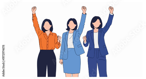 Three female professionals wearing colorful office wear stand with their fists raised against a solid white background.