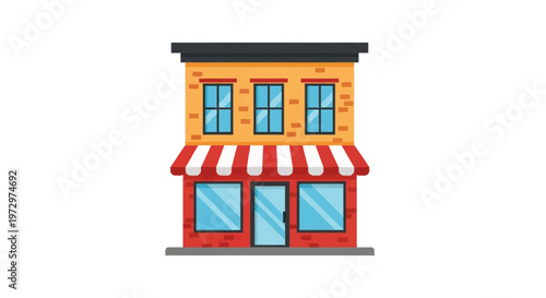 Two-story commercial building vector illustration featuring a ground floor retail storefront with red and white striped awning, red brick walls, glass door, and yellow brick upper floor.