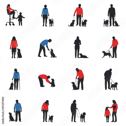 Large set of flat vector silhouettes featuring men, women, and children interacting with dogs, walking pets on leashes, sitting, training, and standing on a white background.