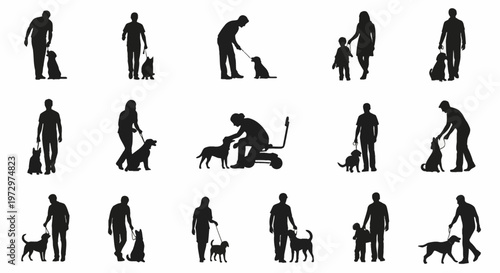 Diverse collection of black silhouettes featuring people of various ages walking and training dogs on leashes, including adults, children, and a person using a mobility scooter.