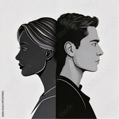 Diverse couple back to back facing opposite directions.