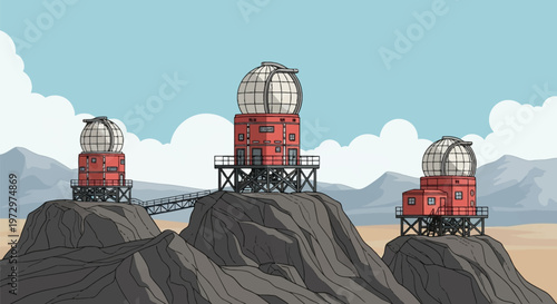 Hand-drawn vector illustration of three red astronomical observatories with white domes situated on rocky mountain peaks under a clear blue sky with stylized white clouds.