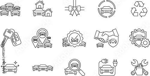 Automotive sales and car service icon set featuring electric charging vehicle inspection keys insurance recycling and dealership agreement in thin line outline vector style