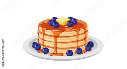 Stack of golden brown pancakes on a plate topped with a square pat of butter and fresh blueberries, with maple syrup dripping down the sides, flat design vector isolated on white.