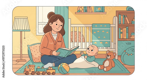 Mother reading to baby on floor with toys and books in nursery room with yellow walls