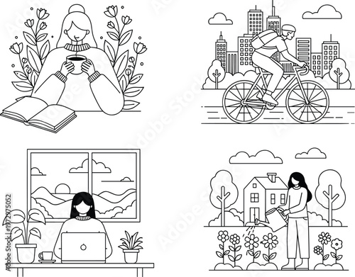Lifestyle illustration set featuring a woman reading with coffee cycling in the city working from home and gardening in minimalist line art style