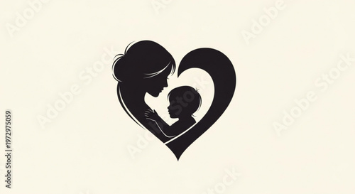 Mother and child in heart shape silhouette symbolizing love and family bonding in a simple iconic design