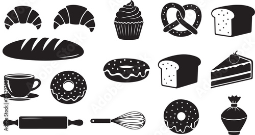 Bakery icons and baking tools illustration set black