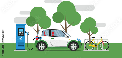 Electric car charging at station in green park environment with bicycle on rack representing sustainable eco friendly urban transportation and renewable energy flat vector illustration