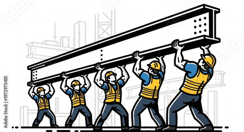 Team of Construction Workers Lifting Heavy Steel Beam Together.