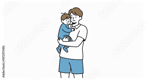 A man in a white t-shirt and blue shorts holding a small toddler in a blue onesie against a plain white background in a simple vector illustration.