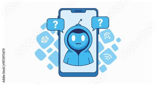 A blue vector illustration showing a smartphone with a hooded robot character and two question mark speech bubbles surrounded by floating abstract tech icons.
