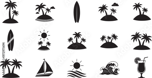 Tropical Vacation Icons and Summer Symbols Set
