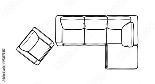 Top-down view of a sectional sofa and ottoman.
