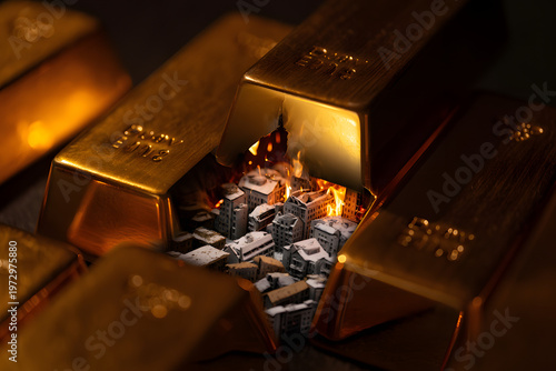 City of Gold: A captivating composition showcases the opulence of gold bars, with a miniature cityscape nestled within, symbolizing wealth and prosperity. 