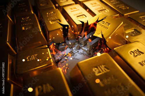 Gold Bars: An eye-level shot capturing a hoard of shiny gold bars, presenting a scene of wealth, power, and high value. Sparkly sparks are illuminated.