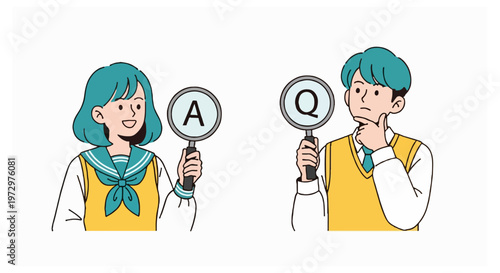 A boy and girl in school uniforms holding magnifying glasses with the letters Q and A respectively while standing against a white background.