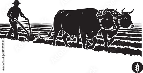 Black silhouette of man plowing field with two oxen
