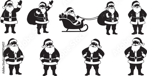 Santa Claus in various poses and festive holiday settings depicted