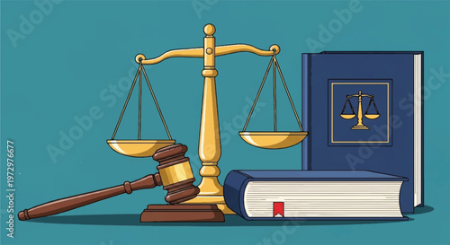 Law, justice, scales, gavel, and legal book, vector icons