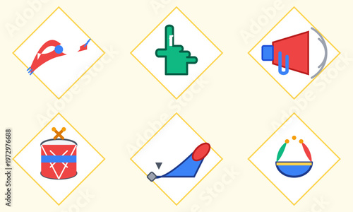 Hand-drawn colorful sports fan gear icons featuring scarf foam finger megaphone drum horn and hat for authentic illustration