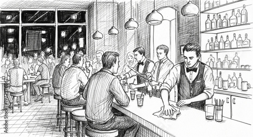 Vintage Bar Scene - Bartender Serving Customers in a Classic Setting.