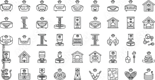 Pet Care and Accessories Icons Set Featuring Cat Houses, Pet Beds, Scratching Posts, and Pet Feeding Bowls for Animal Care, Pets, and Pet Products Designs