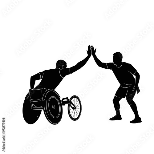 Silhouette of a Wheelchair Athlete High-Fiving Teammate, Teamwork and Sportsmanship