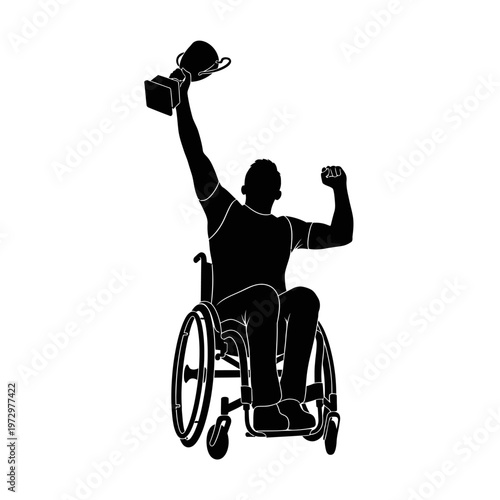 Silhouette of a Wheelchair Athlete Lifting Trophy, Championship and Athletic Triumph